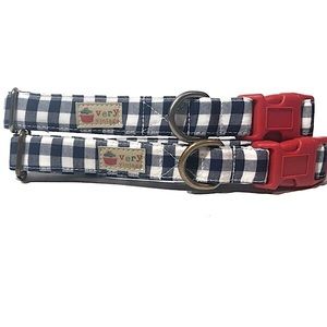 Navy Blue White Gingham Plaid Dog Collar